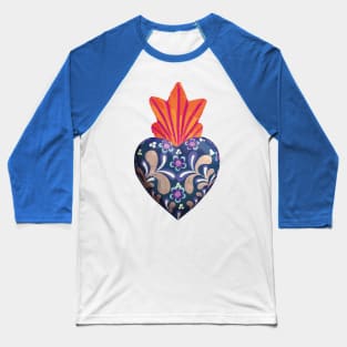 Mexican folk art sacred heart Oaxacan wood carving hand painted flower milagrito blue bold decoration Baseball T-Shirt